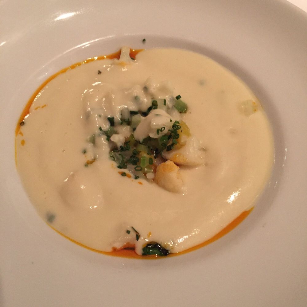 St John's Restaurant - Cheese and Cauliflower soup with celery - New American Near Me - Chattanooga, Tennessee St John's Restaurant - Cheese and Cauliflower soup with celery - New American Near Me - Chattanooga, Tennessee