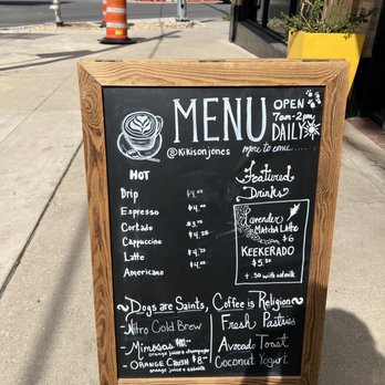 Kiki's Coffee & Spirits - Partial menu outdoors. - Coffee & Tea Near Me - San Antonio, Texas Kiki's Coffee & Spirits - Partial menu outdoors. - Coffee & Tea Near Me - San Antonio, Texas