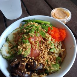 Mini poke bowl over noodles