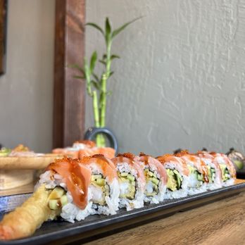 Coach Sushi - a long plate of sushi with salmon and avocado - Sushi Bars Near Me - Oakland, California