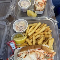 Lobster roll dinners! One without fries. Lobster roll dinners! One without fries.
