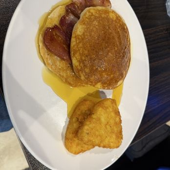 Our Dolly’s Cafe - Pancake(syrup thick like honey), bacon, hash brown - Cafes Near Me - Ballycastle
