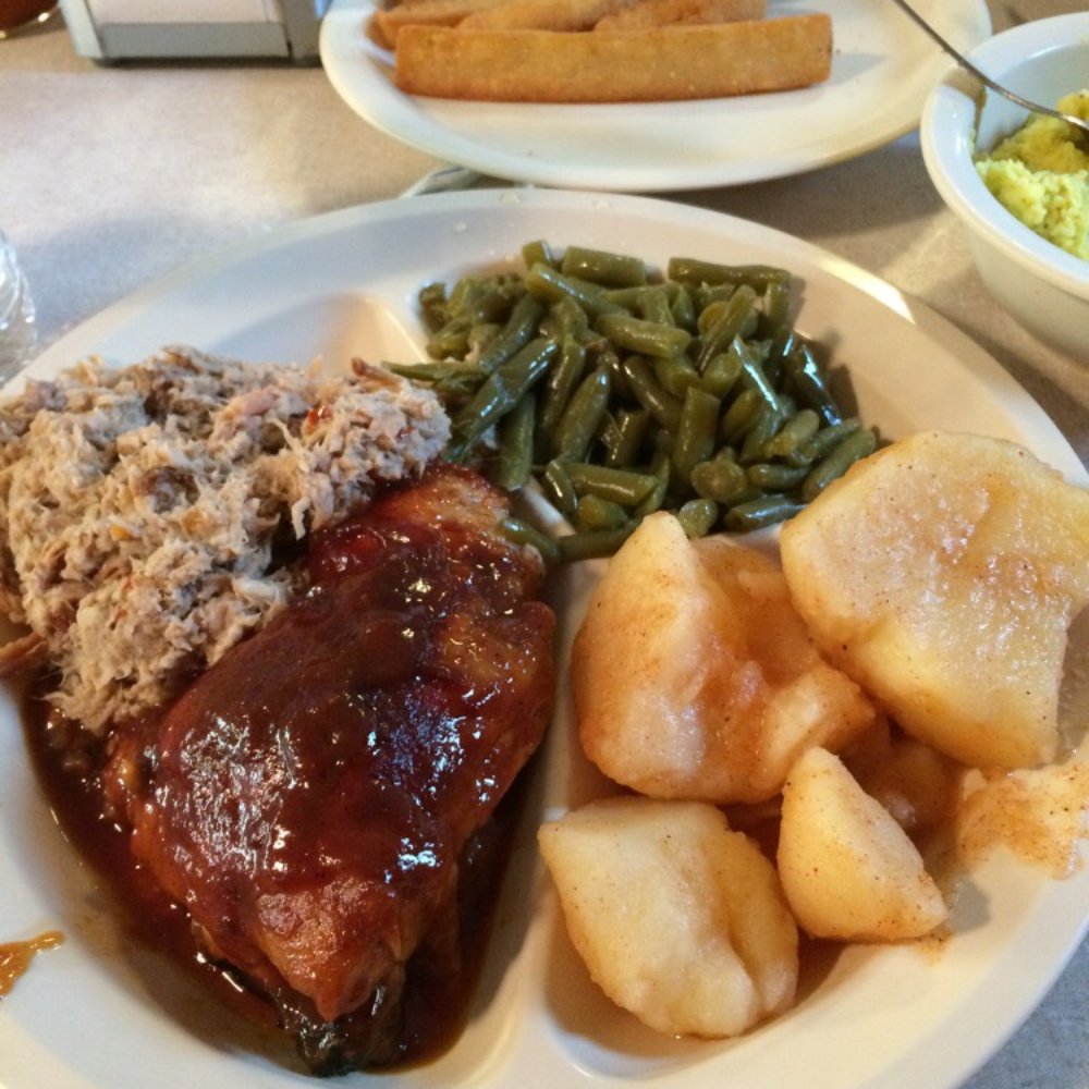 Parker's - Chicken and pork combo with green beans and potatoes and corn sticks in the background. All the sides- yuck!! - Barbeque Near Me - Wilson, North Carolina Parker's - Chicken and pork combo with green beans and potatoes and corn sticks in the background. All the sides- yuck!! - Barbeque Near Me - Wilson, North Carolina