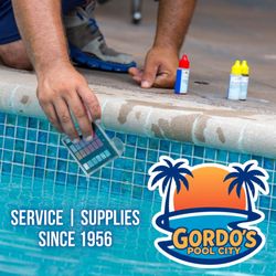 Professional pool care since 1956! A man testing pool water with top-notch supplies, Supplies | Service you can trust. #PoolCareExperts