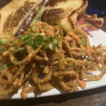Lazy Dog Saloon - BLT and haystack onion strings. - Comfort Food Near Me - Ridgway, Colorado Lazy Dog Saloon - BLT and haystack onion strings. - Comfort Food Near Me - Ridgway, Colorado