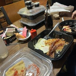 This would be my favorite, The Vanilla Crepe breakfast, with over easy eggs, crunchy hash browns, and all sausage instead of bacon.