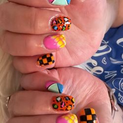 D&B Nails - Bright '80s neon vibe. Lily nailed it!! Designs are all freehand. You're incredible--thanks for caring so much about your clients!