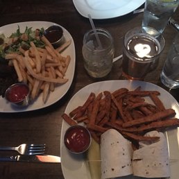 Greek chicken wrap with sweet potato fries Greek chicken wrap with sweet potato fries