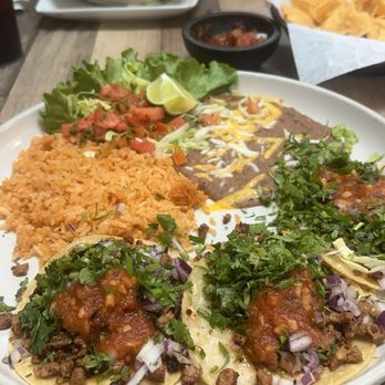 Kaloca's Mexican Grill - Three street tacos with a side of rice and beans - Mexican Near Me - Red Bluff, California