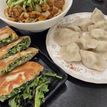 Dumpling Depot - Green Chives Pancake, Vegetarian dandan noodle, Vegetarian Dumpling (12) - Dim Sum Near Me - Sunnyvale, California