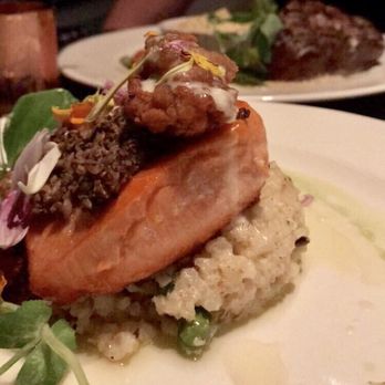 Altius - King salmon with risotto and buttermilk fried oyster - New American Near Me - Pittsburgh, Pennsylvania