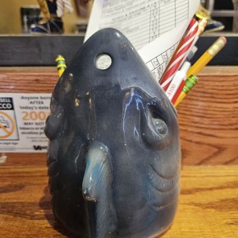 Kero Sushi - Fish cup with the mouth holding pens, pencils, and a paper - Japanese Near Me - Yorktown, Virginia