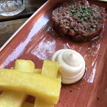 Tantarantana - Steak tartare with papas. Yep, that's mayo. Texture was great. Meat was chopped, not minced. - Spanish Near Me - Barcelona, B Tantarantana - Steak tartare with papas. Yep, that's mayo. Texture was great. Meat was chopped, not minced. - Spanish Near Me - Barcelona, B