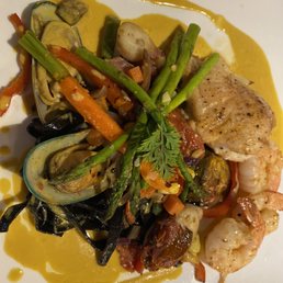 Seafood fettuccine, squid ink pasta Seafood fettuccine, squid ink pasta