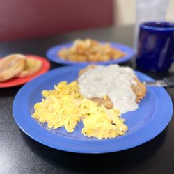 Debbie's Diner - County Fried Steak and Eggs  Home Fries and English muffin