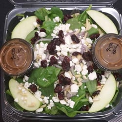 BJ's Deli - Spinach Salad baby spinach, almonds, goat cheese, dried cranberry, red onion, granny smith apples, and balsamic vinegarete