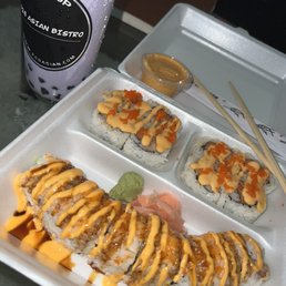 Taro smoothie with Boba and Merry roll on top bottom is crawfish roll Taro smoothie with Boba and Merry roll on top bottom is crawfish roll