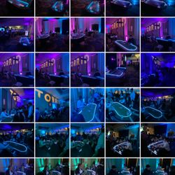 Dads Casino Night Party & Mobile Escape Rooms - An array of LED lit up casino party tables for a company event neon style casino theme games