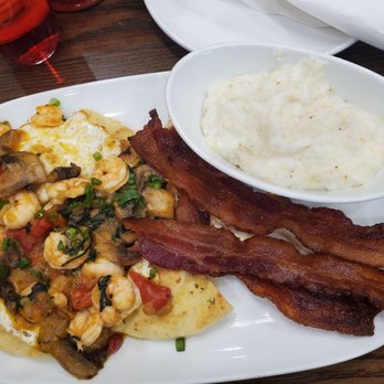 Another Broken Egg Cafe - Shrimp Benny with grits and a side of bacon - American Near Me - Indianapolis, Indiana Another Broken Egg Cafe - Shrimp Benny with grits and a side of bacon - American Near Me - Indianapolis, Indiana