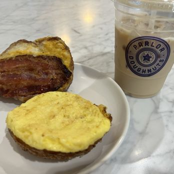Parlor Doughnuts - Bacon, egg, and cheese breakfast sandwich + latte - Donuts Near Me - Rolling Meadows, Illinois Parlor Doughnuts - Bacon, egg, and cheese breakfast sandwich + latte - Donuts Near Me - Rolling Meadows, Illinois