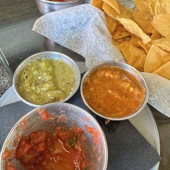 Z South - Three different sauces that come with the chips, which are both flour and corn - Mexican Near Me - Bonsall, California