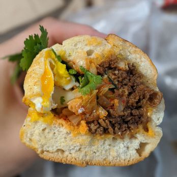 JoJu - Bulgogi sandwich with Kimchi and egg, no daikon or carrots. - Coffee & Tea Near Me - Elmhurst, New York JoJu - Bulgogi sandwich with Kimchi and egg, no daikon or carrots. - Coffee & Tea Near Me - Elmhurst, New York