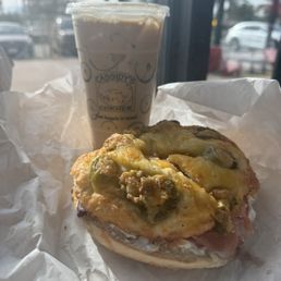Lox on jalapeño bagel and 4.2.1 Iced Signature Drink.