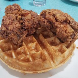 Chicken & waffles. Waffle was thick w/crispy outside, soft middle. Nice vanilla flavor - we could smell it cooking across the restaurant.