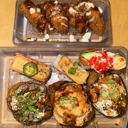 Top: koroke (squash) Bottom: salmon aburi, hotate aburi, crispy salmon aburi, and 3 pc inari combo (negitoro, negihamachi, & spicy tuna) Top: koroke (squash) Bottom: salmon aburi, hotate aburi, crispy salmon aburi, and 3 pc inari combo (negitoro, negihamachi, & spicy tuna)