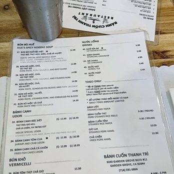 Banh Cuon Thanh Tri - Menu ~ Updated March 2026 - Vietnamese Near Me - Garden Grove, California
