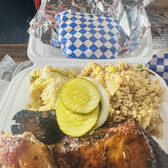 Flossie's BBQ - Three meat and two meat plate with dirty rice and potato salad. - Barbeque Near Me - Houston, Texas