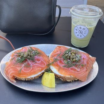 Boil & Bake - Lox bagel and a matcha latte - Bagels Near Me - Costa Mesa, California