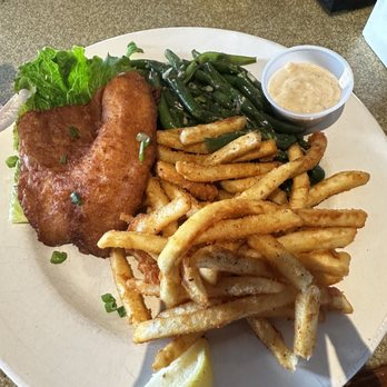 A W Shucks Raw Bar & Grill - Fish and Chips with Garlic Green Beans - Bars Near Me - Norfolk, Virginia