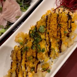 Hachi Hana Japanese Restaurant - Shrimp Party Roll - Prawn tempura roll, deep fried baby shrimp, tempura crumbs on top, house sauce