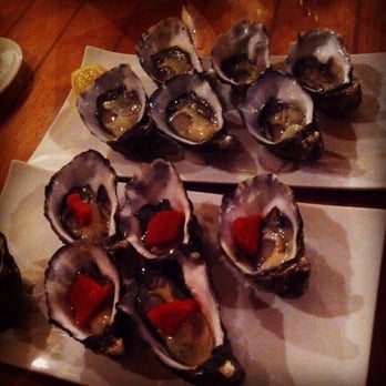 Hallam's Waterfront Licensed Restaurant - Oysters au naturale and with a capsicum lemon sorbet - Seafood Near Me - Launceston, TAS