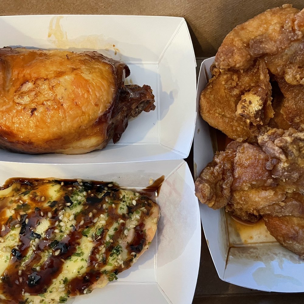 Shoyu chicken, baked salmon, garlic chicken Shoyu chicken, baked salmon, garlic chicken