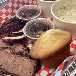 Backstreet BBQ - Brisket, chicken breast, corn bread muffin, potato salad, and baked beans