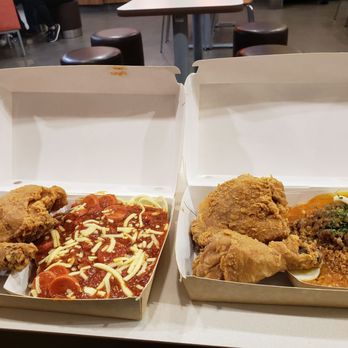 Jollibee - (Left) Jolly spaghetti and 2 pc fried chicken, (right) palabok fiesta and 2 pc fried chicken - Fast Food Near Me - Houston, Texas