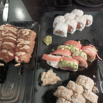 Takosushi - Crunchy shrimp tempura roll, rock and roll, Japanese bagel roll, and rainbow roll (I think.) - Japanese Near Me - Augusta, Georgia
