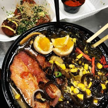 Oni Ramen - Kyushu Tonkotsu Ramen with woodear mushrooms and corn added, chili paste on the side. Also, Takoyaki Plate. - Ramen Near Me - Dallas, Texas Oni Ramen - Kyushu Tonkotsu Ramen with woodear mushrooms and corn added, chili paste on the side. Also, Takoyaki Plate. - Ramen Near Me - Dallas, Texas