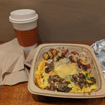 Proper Food - Large latte and a mushroom power breakfast (vegetarian) - Salad Near Me - New York, New York Proper Food - Large latte and a mushroom power breakfast (vegetarian) - Salad Near Me - New York, New York