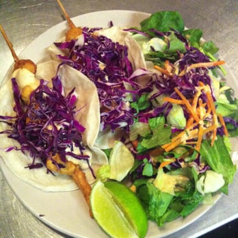 Wang Gang Asian - Tilapia Fish Tacos topped with red cabbage, and a side salad with Sriacha Ranch Dressing - Asian Fusion Near Me - Edwardsville, Illinois Wang Gang Asian - Tilapia Fish Tacos topped with red cabbage, and a side salad with Sriacha Ranch Dressing - Asian Fusion Near Me - Edwardsville, Illinois