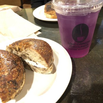Uncommon Grounds - Butterfly lemonade and a cinnamon raisin bagel with cream cheese - Coffee & Tea Near Me - Albany, New York Uncommon Grounds - Butterfly lemonade and a cinnamon raisin bagel with cream cheese - Coffee & Tea Near Me - Albany, New York