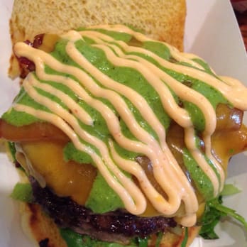 Lexie's - What's Up Doc (double) - caramelized onions, bacon, cheddar, lettuce, chimmichurri, sriacha aioli (extra) - American Near Me - Newburyport, Massachusetts Lexie's - What's Up Doc (double) - caramelized onions, bacon, cheddar, lettuce, chimmichurri, sriacha aioli (extra) - American Near Me - Newburyport, Massachusetts