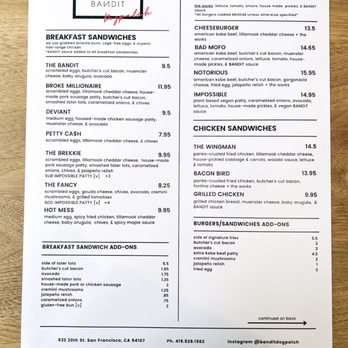 Bandit - Menu 1 of 2 - Breakfast & Brunch Near Me - San Francisco, California