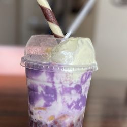 Jampinoy - Halo-halo topped with avocado ice cream & leche flan