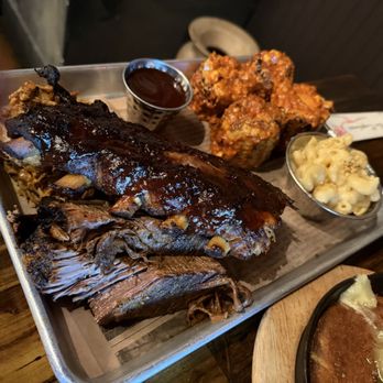 Whiskey 'N Rye Smokehouse - The sampler platter. In the upper right is the grilled corn. Pulled pork, brisket, baby back ribs, Mac & Cheese, and Corn. - Barbeque Near Me - Solvang, California Whiskey 'N Rye Smokehouse - The sampler platter. In the upper right is the grilled corn. Pulled pork, brisket, baby back ribs, Mac & Cheese, and Corn. - Barbeque Near Me - Solvang, California