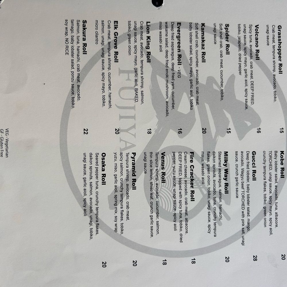 Fujiya - Sushi Menu - Japanese Near Me - Elk Grove, California