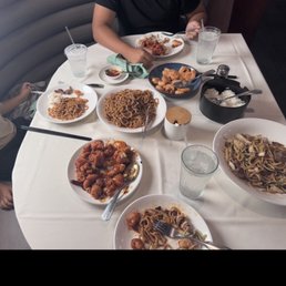 Honey walnut shrimp, lo mein noodles and orange chicken Honey walnut shrimp, lo mein noodles and orange chicken