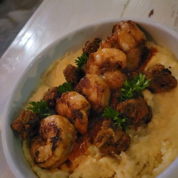 Barsha - Spiced Cajun Shrimp with cheesy grits and crispy buttermilk okra - Mediterranean Near Me - Hermosa Beach, California Barsha - Spiced Cajun Shrimp with cheesy grits and crispy buttermilk okra - Mediterranean Near Me - Hermosa Beach, California